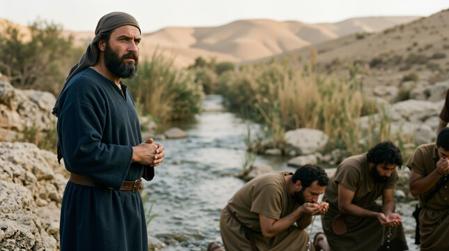 Gideon watching his selected warriors drink water from their cupped hands. Biblical scene of the army selection test by the river. Old Testament story illustration