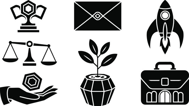 Set of six black and white icons featuring awards trophy and scales