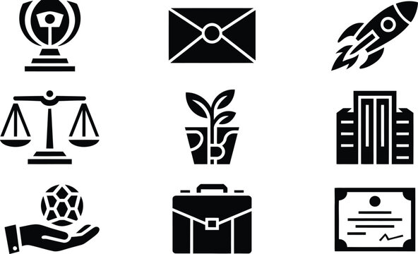Set of nine black icons representing various professional and lifestyle concepts
