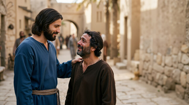 Jesus looking compassionately at Zacchaeus on an ancient street. Biblical scene of forgiveness and welcome. Christian religion concept