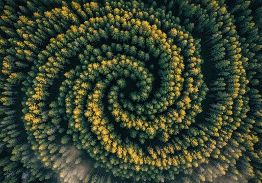 Aerial view of a spiral forest with yellow and green trees forming a natural pattern