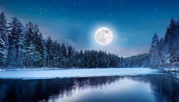 Ethereal Moonlight Reflection Over A Frozen Lake Surrounded By A Dark Pine Forest At Night