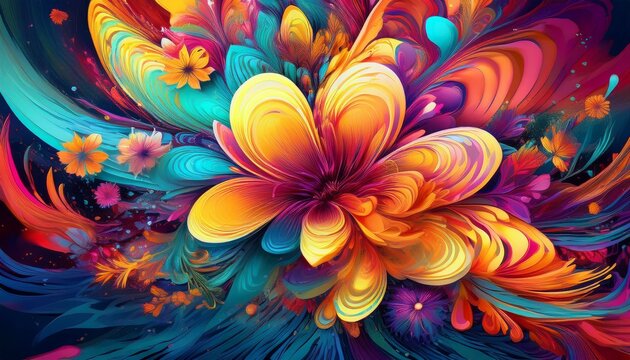 Exploding Kaleidoscope Of Tropical Flowers Dissolving Into Vivid Pigment Waves Creating A Saturated Psychedelic Botanical Abstract Background