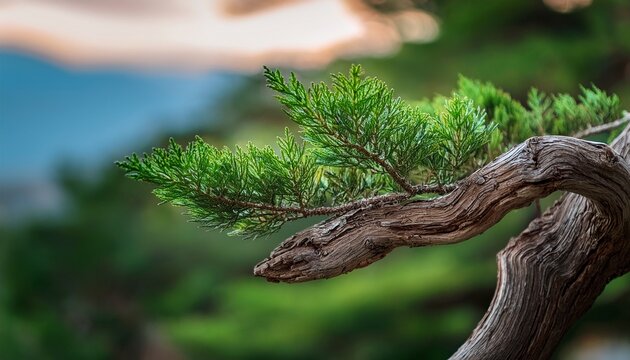 Detailed Close Up Of Aged Incense Cedar Branch Showing Textured Bark And Fine Foliage With Soft Blurred Background