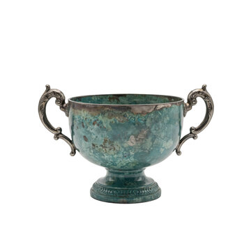 Antique two handled cup with patina and oxidized metal texture isolated on a transparent background vessel