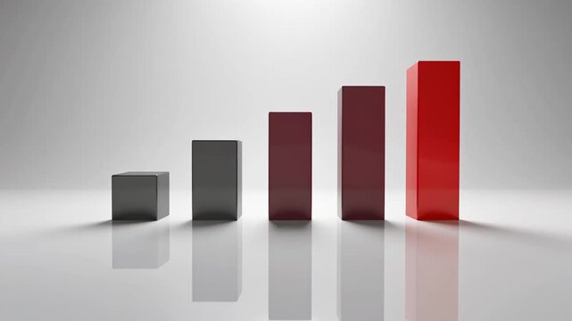 Professional 3D bar graph visualization with contrasting red and grey pillars representing financial growth and market statistics.