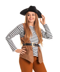 Naklejka premium Beautiful female pirate on white background