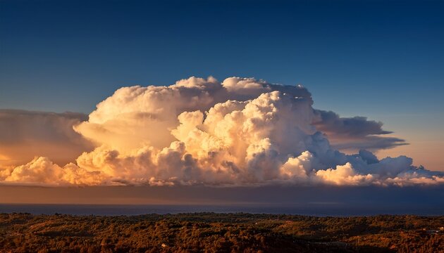 Majestic Cumulonimbus Cloud Formation Illuminated By Golden Sunset Rays Over A Distant Horizon
