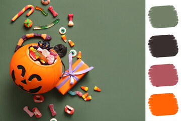Naklejka premium Halloween celebration and trick or treat tradition, pumpkin bucket filled with assorted gummy candies and gift box on a dark green background