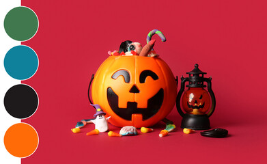 Naklejka premium Halloween trick or treat, pumpkin candy bucket with spooky sweets and lantern on red background
