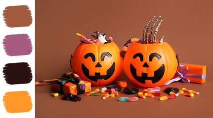 Naklejka premium Halloween celebration and trick or treat concept, jack o lantern candy buckets with spooky sweets and skeleton hand on a brown background