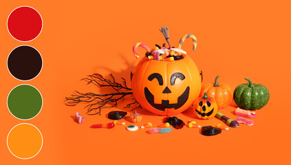 Naklejka premium Halloween celebration and trick or treat tradition, jack o lantern pumpkin bucket filled with assorted candy and sweets on a bright orange background