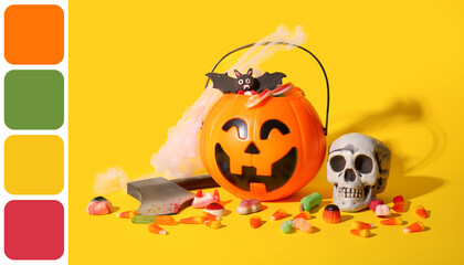 Naklejka premium Halloween celebration and trick or treat tradition, pumpkin candy bucket with spooky decorations and sweets on a bright yellow background