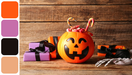 Naklejka premium Halloween celebration and trick or treat tradition, jack o lantern candy bucket with gifts and sweets on rustic wooden background