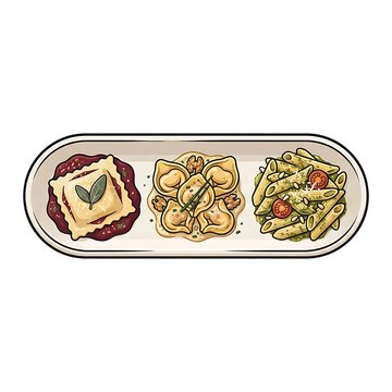 Trio of Italian pasta dishes served on a long platter for tasting and dining