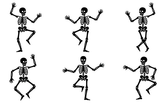 Six stylized black human skeletons in various dynamic dance poses appearing in a repeating pattern against a white backdrop silhouette movement anatomy bone body creepy spooky