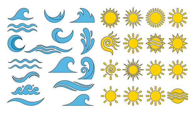 Collection of stylized sun and ocean wave icons in blue and yellow for graphic design elements 176  water sea summer sky nature weather sunshine warm heat bright