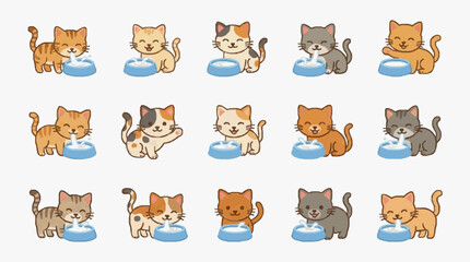 Obraz premium Sleek Collection of Diverse Cats Drinking Water from Blue Bowls in Playful Cartoon Style with high quality professional line art symbols for modern creative design and digital branding projects