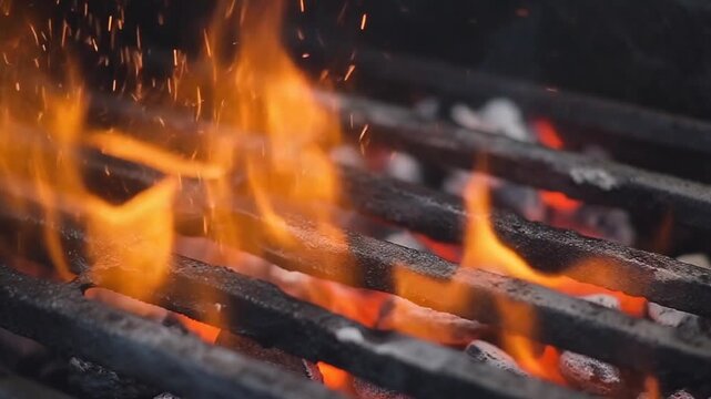 Extreme close up of blazing orange fire flames rising through cast iron barbecue grill grates with glowing charcoal and sparks.