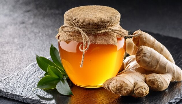 Golden Honey And Fresh Ginger Root Elixir On Dark Slate