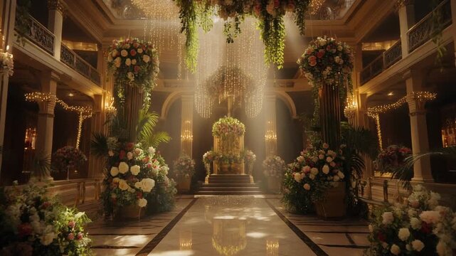 Luxurious Grand Ballroom Venue with Elegant Floral Decorations and Cinematic Golden Sunlight Beams for a Wedding Event