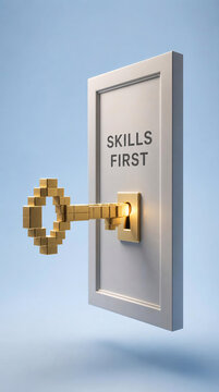 Golden pixelated key unlocking a floating white door with "SKILLS FIRST" text on blue background