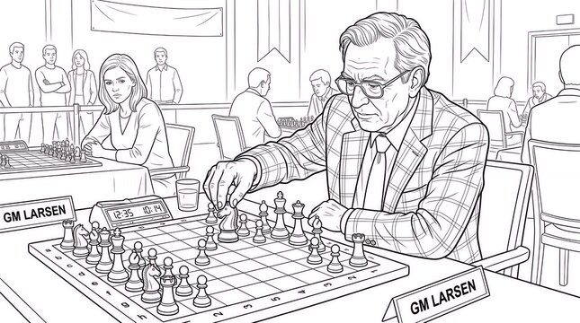 Line art of grandmaster playing competitive chess match.