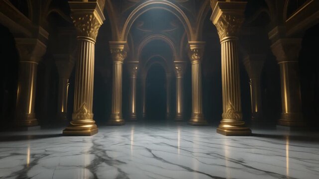 Elegant cinematic shot of golden columns in luxury marble hall with dramatic spotlight and ornate classical architecture.