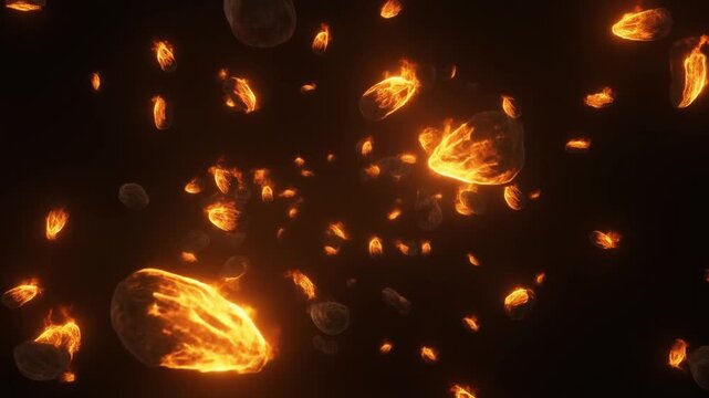 Cinematic animation of flaming meteors and asteroids falling through dark outer space with intense glowing fire trails and heat.