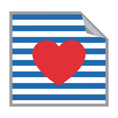 Obraz premium Flat graphic of a square sheet of paper with a curled corner revealing a red heart over blue stripes on a white background. Love message concept