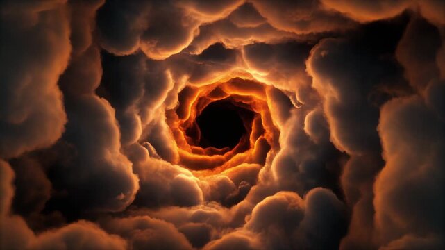 Epic Golden Storm Clouds Forming a Swirling Vortex Tunnel with Dramatic Lighting and Deep Shadows Background.