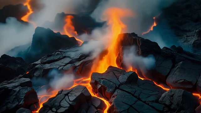 Cinematic macro video of glowing molten lava flowing through cracked volcanic rocks with rising steam.