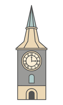 Minimalist clock tower icon with a tall spire and centered clock face isolated on white background architecture design concept
