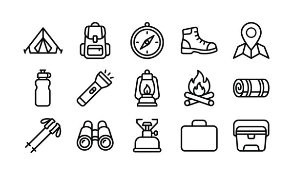 Outdoor adventure line icons set for camping and mountain hiking trips.