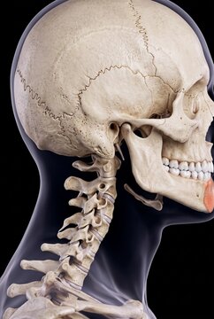 Detailed Human Skull and Cervical Spine Anatomy Illustration