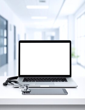 A blank laptop screen with stethoscope and phone on desk in modern hospital background. Professional concept for digital healthcare, online consultation, and telemedicine with no people.