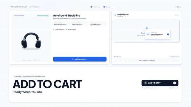 Minimalist digital e-commerce interface featuring AeroSound Studio Pro product display with interactive add to cart button for technology web UI