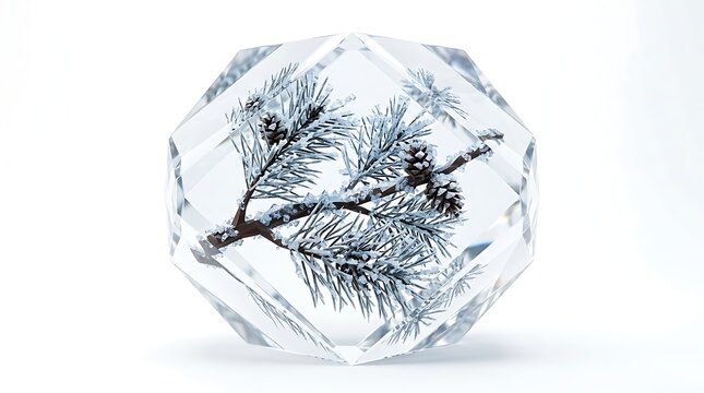 A crystal paperweight with a pine tree branch inside on a white background