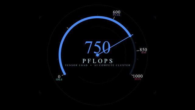 AI Supercomputer PFLOPS Processing Speedometer HUD Animation, Tensor Load and High Performance Computing Data Gauge