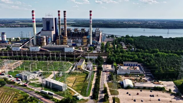 Aerial view of the ZE PAK Patnow Power Plant with its prominent chimneys and industrial infrastructure situated along the lake in Konin, Wielkopolskie, Poland.