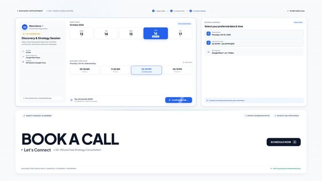 Minimalist digital interface animation showing a successful appointment booking confirmation with a green checkmark icon appearing on a clean white background