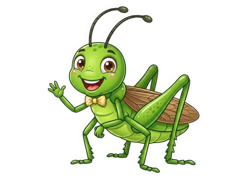 Cartoon green grasshopper waving happily isolated
