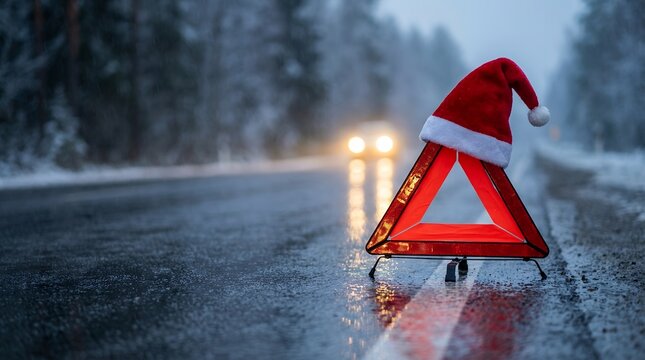 A red reflective hazard triangle adorned with a Santa hat sits on a wet road during winter with car headlights approaching in the distance christmas snow traffic warning safety