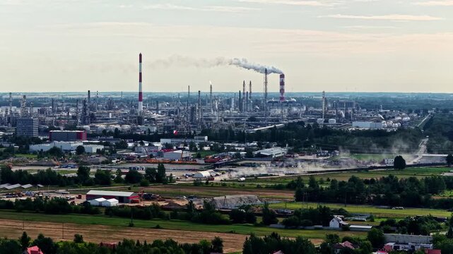 Aerial view of Orlen Plock Production Plant with industrial chimneys and refinery infrastructure in Plock, Masovian Voivodeship, Poland.
