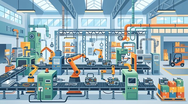 Automated Smart Factory Production Line with Robotic Arms and Conveyor Belts for Industrial Manufacturing