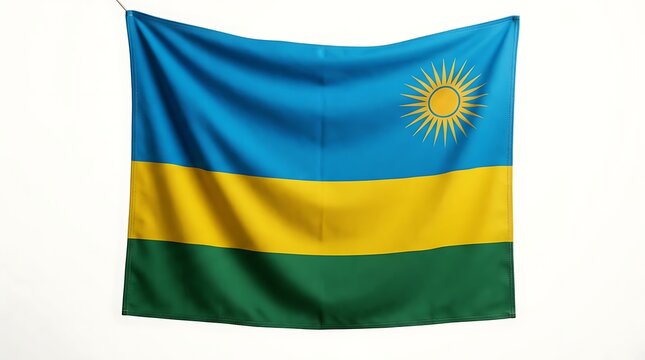 Official Flag of Rwanda Hanging Against White Background, Rwandan National Symbol with Sun Emblem