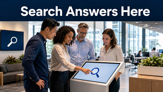 Diverse business team using digital touchscreen kiosk with "Search Answers Here" banner in modern office