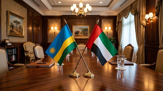 Flags of Rwanda and United Arab Emirates on a Wooden Table in a Luxurious Diplomatic Meeting Room