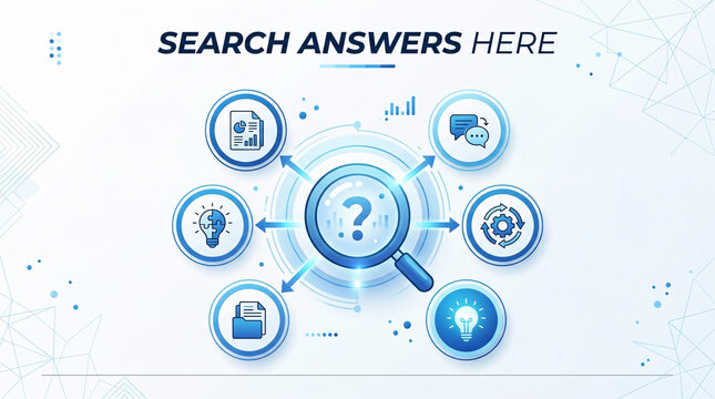 Infographic diagram with central question mark and business icons under "SEARCH ANSWERS HERE" text