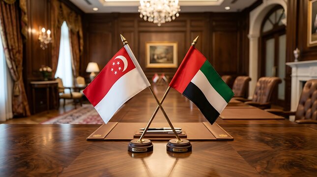 Singapore and United Arab Emirates Small Flags on Meeting Table for Bilateral Diplomacy Agreement